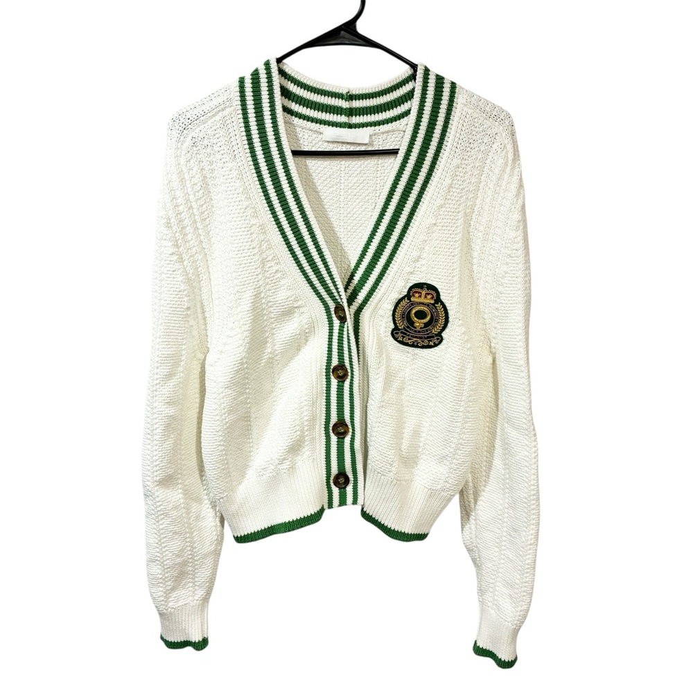 Suzanne Rae Cable Knit Feminist Crest Cardigan White Green‎ Sweater